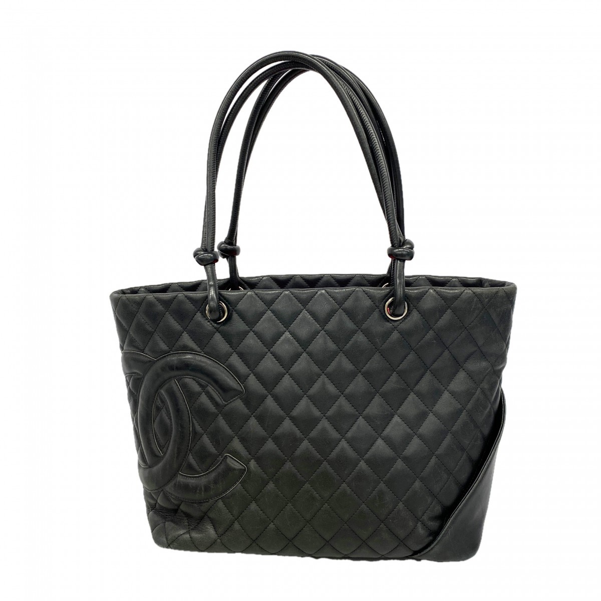 Auth [6gc2548] CHANEL Tote Bag Cambon Lambskin Black Silver metal fitting [P…