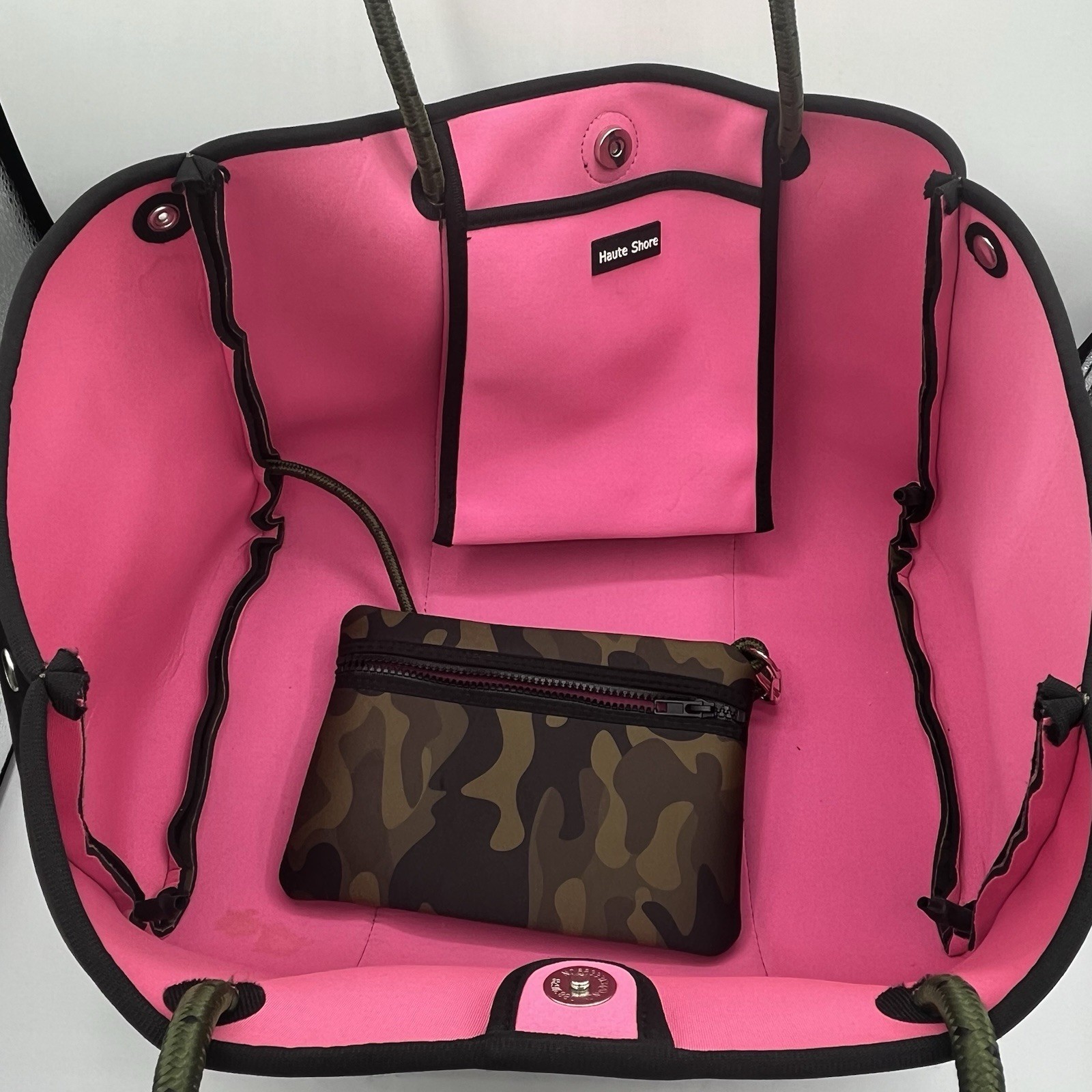 Haute Shore Greyson Green Camo Pink Tote Bag With Wristlet Bikini Bag Neoprene
