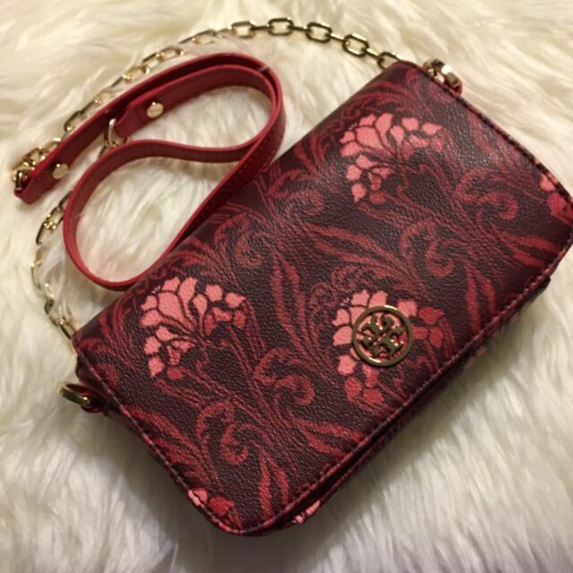 NEW AUTHENTIC TORY BURCH Robinson Floral Carmine Crossbody Bag, Red Burgundy