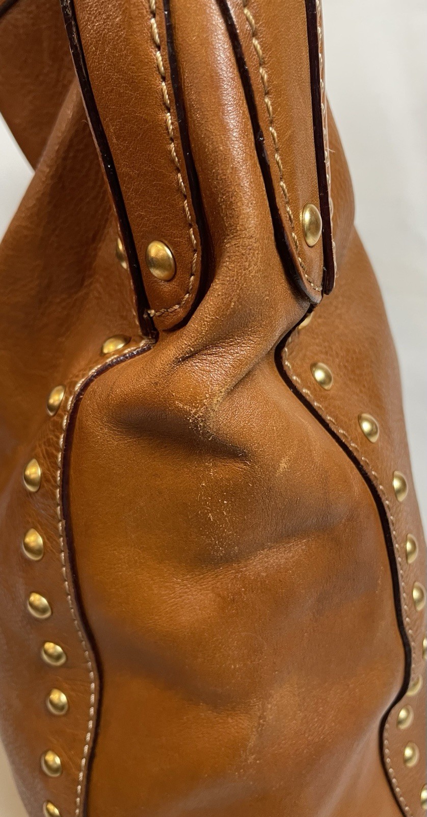 Vtg Michael Kors Astor Studded Shoulder Bag Hobo XL Camel Brown Leather Classic