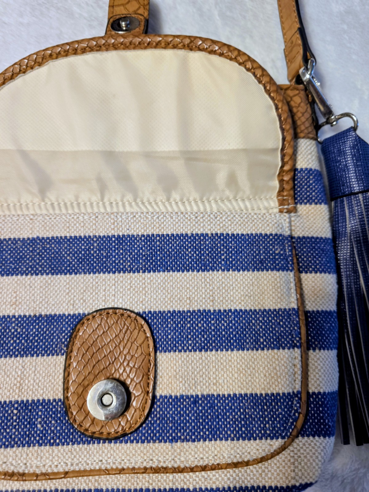Blue/White Striped Women’s Shoulder Bag Magnetic Closure, Tassel, Silver HW