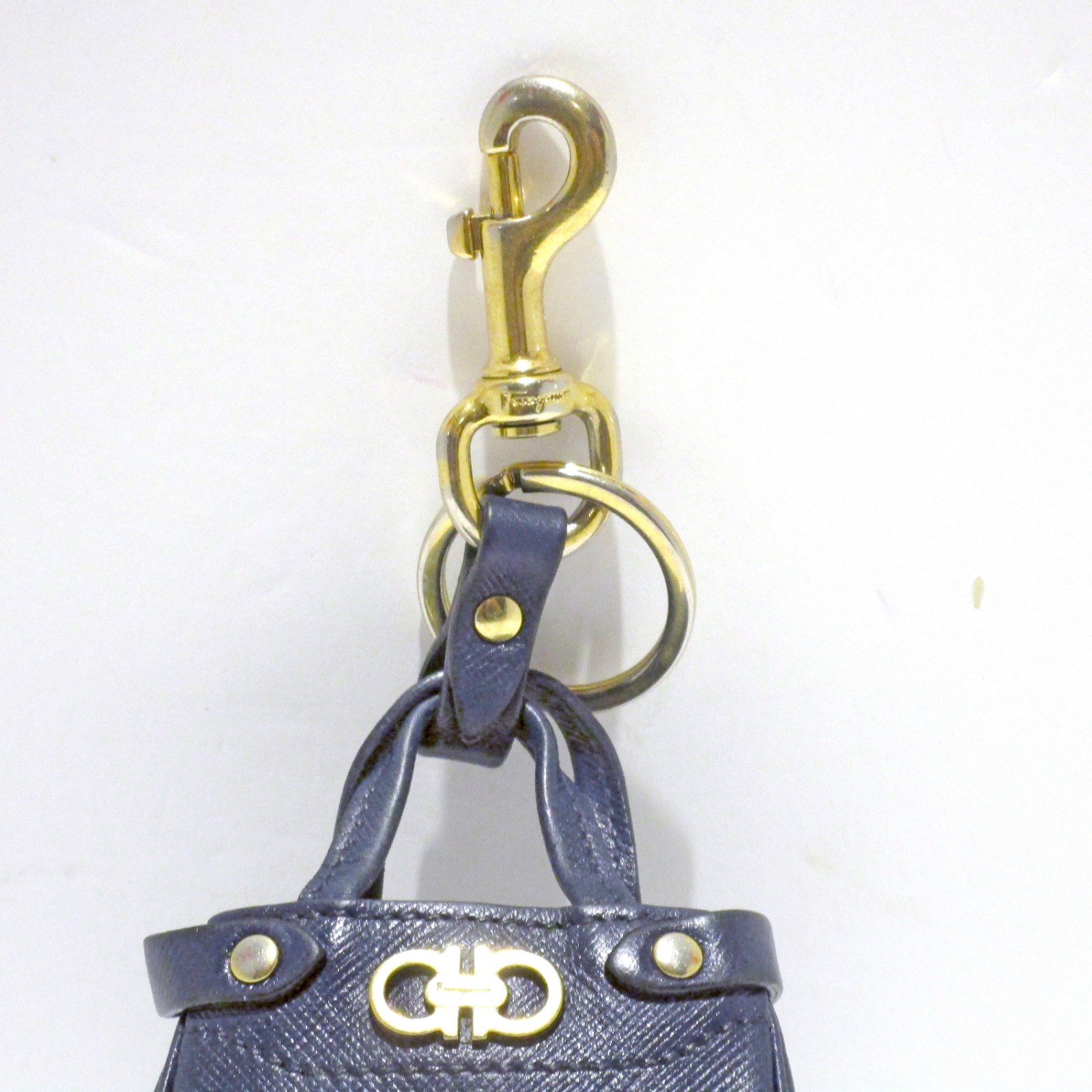 Salvatore Ferragamo Mini Gancini Navy Blue Leather Bag Charm Air Pods Pouch +Tag