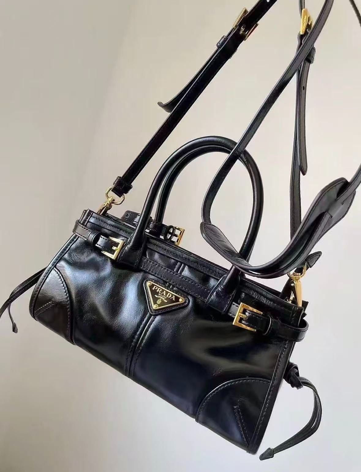 Prada Bonnie 1BA486 Black Shoulder Bag Gold Hardware Detachable Strap Designer