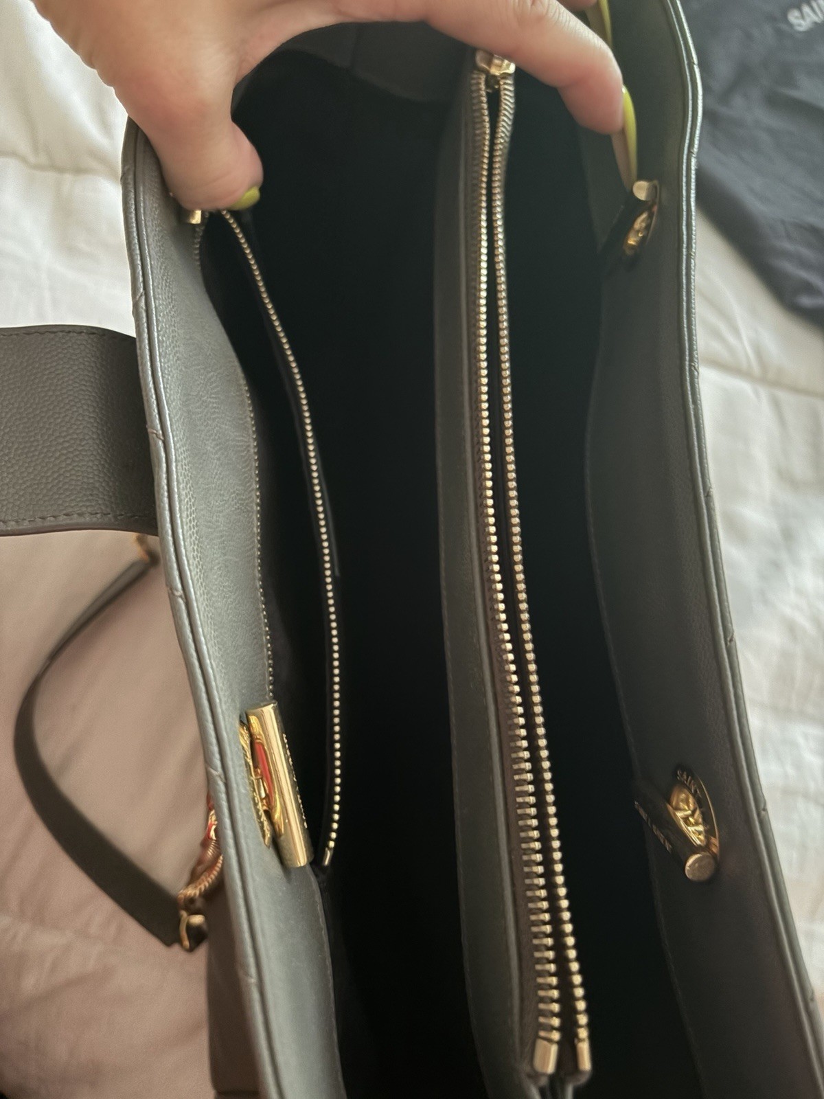 Saint Laurent Gray Chevron Quilted Shoulder Bag Gold Chain Strap Dust Bag
