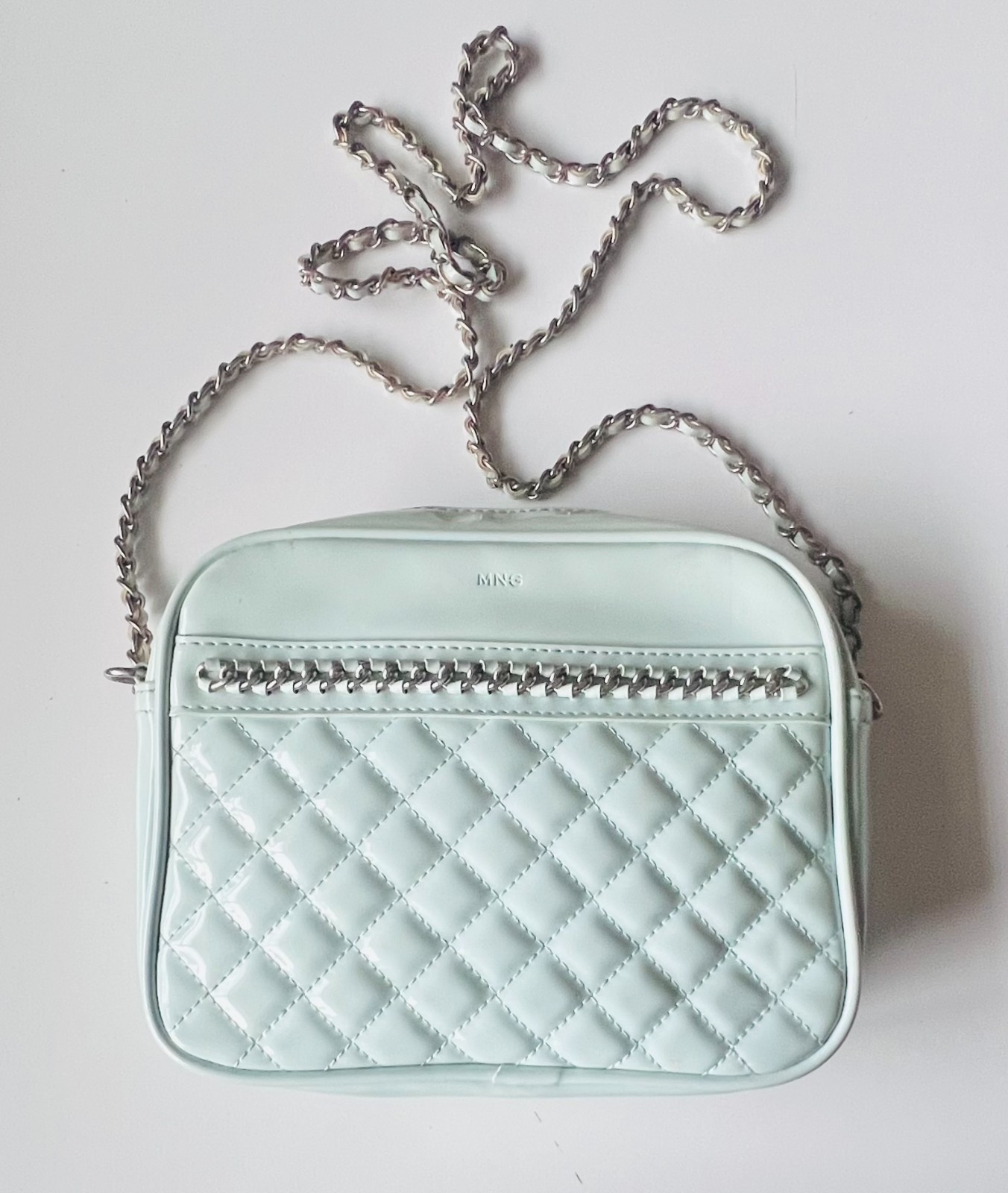 Mango Mint Green Semi-Quilted Faux P. Leather Shoulder Bag W/Silver Chain Strap