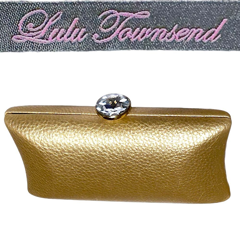 Lulu Townsend Gold Pebbled Rhinestone Clasp Metal Chain Hard Rectangle Clutch