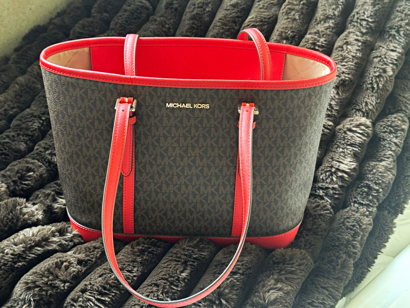 Michael Kors Medium Tote Bag Brown/Red MK Logo, Double Handles, Gold Hardware