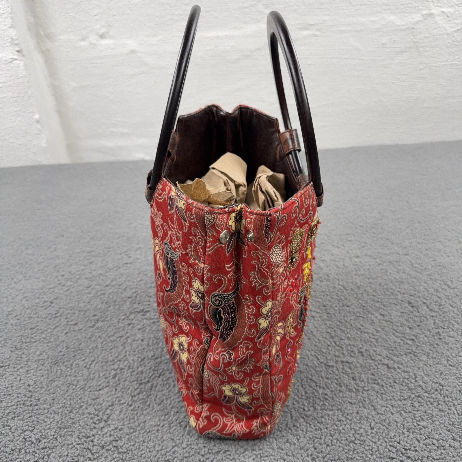 Braciano Top Handle Bag Womens Small Red Paisley Sequin Beaded Floral Party