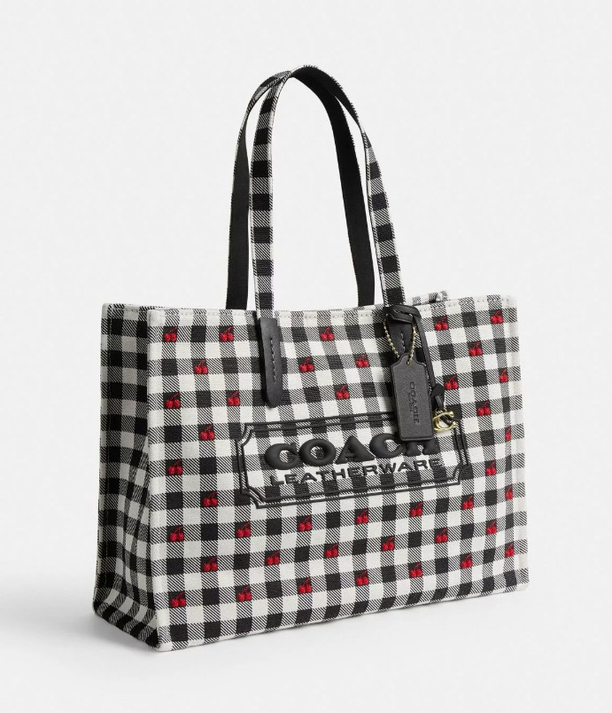 COACH Tote Bag Gingham Print CES71 IMA47 Black Multi Canvas Leather A4 Laptop 16