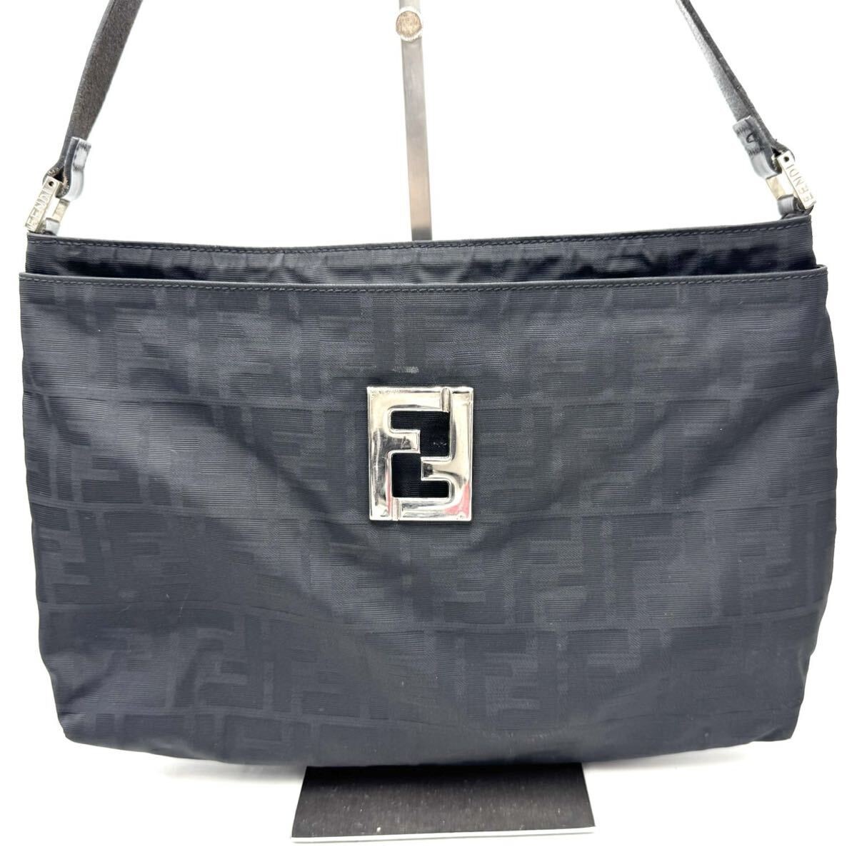 FENDI Zucca Nylon One Shoulder Bag Handbag Black Silver Hardware