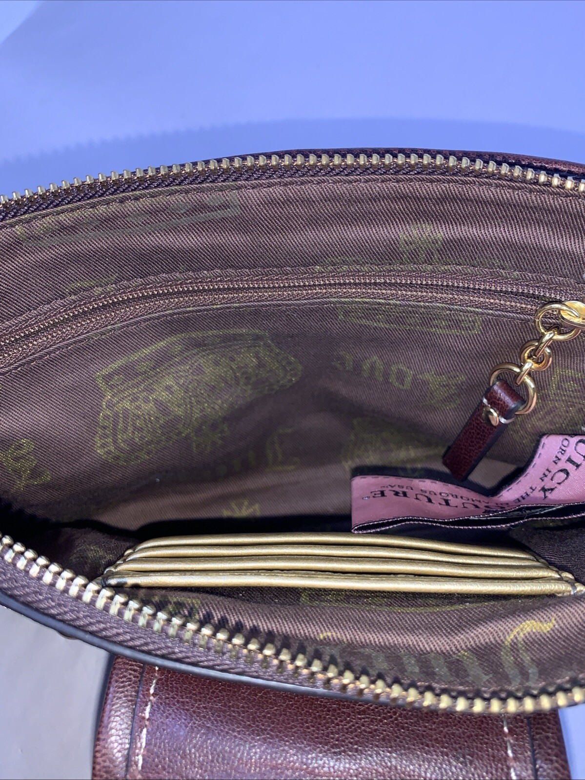 Juicy Couture Patent Leather Brown Clutch Handbag Purse Gold Buckle Stripe Mint