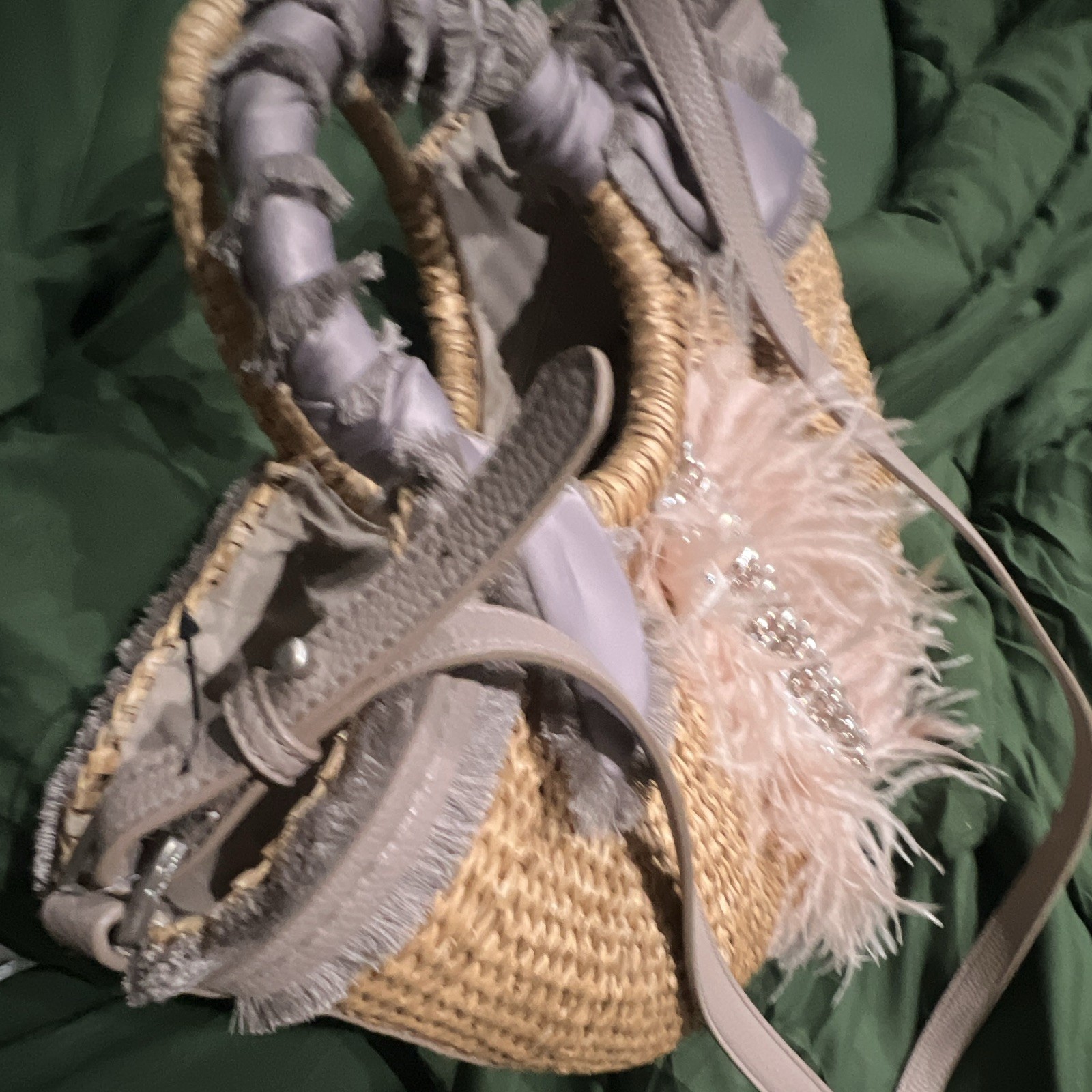 Sam Edelman Large Woven Crescent Tote w/ Strap Top Handle Zip Beige Feather