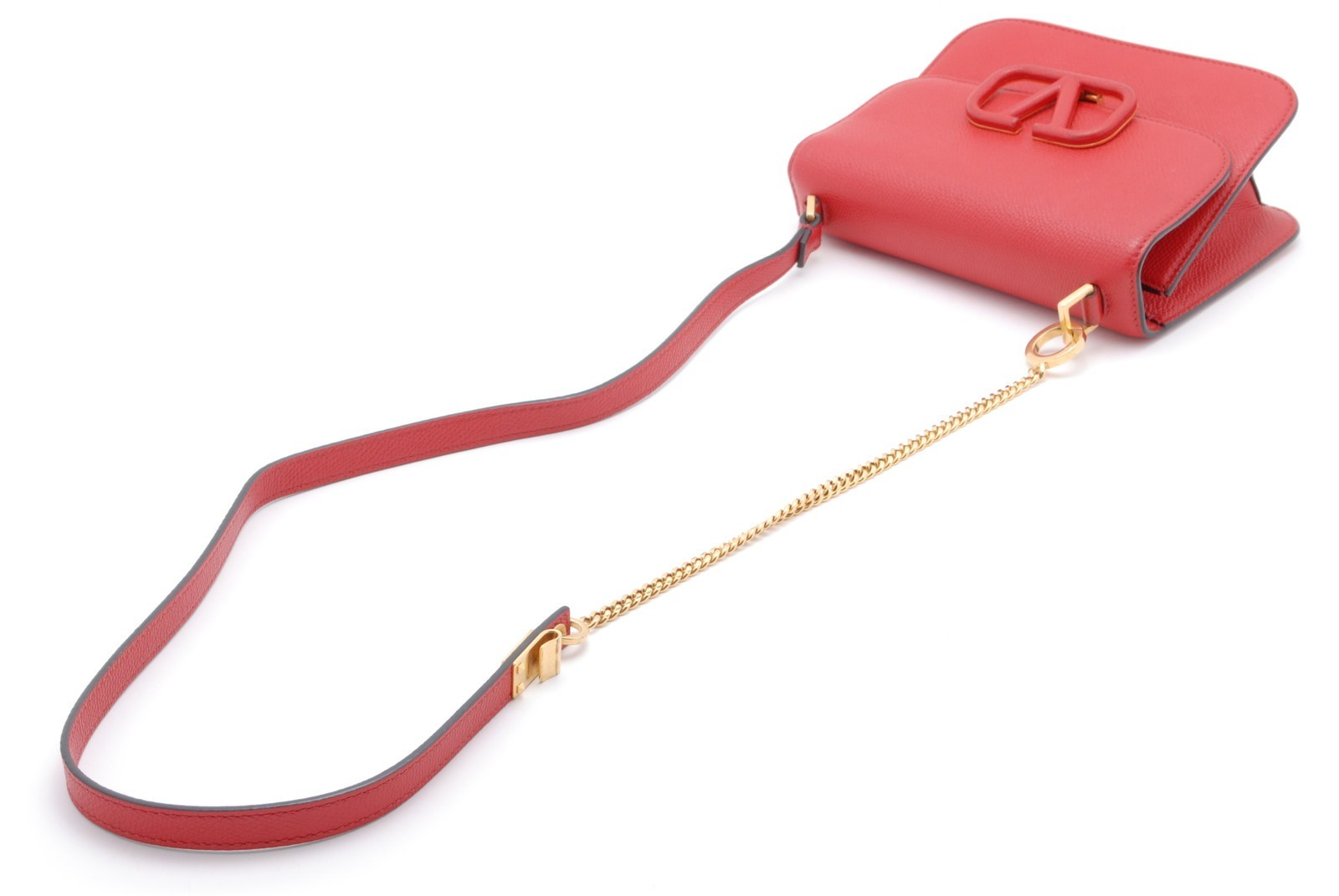 Valentino Garavani VLogo Red Leather Crossbody Shoulder Bag Gold Chain