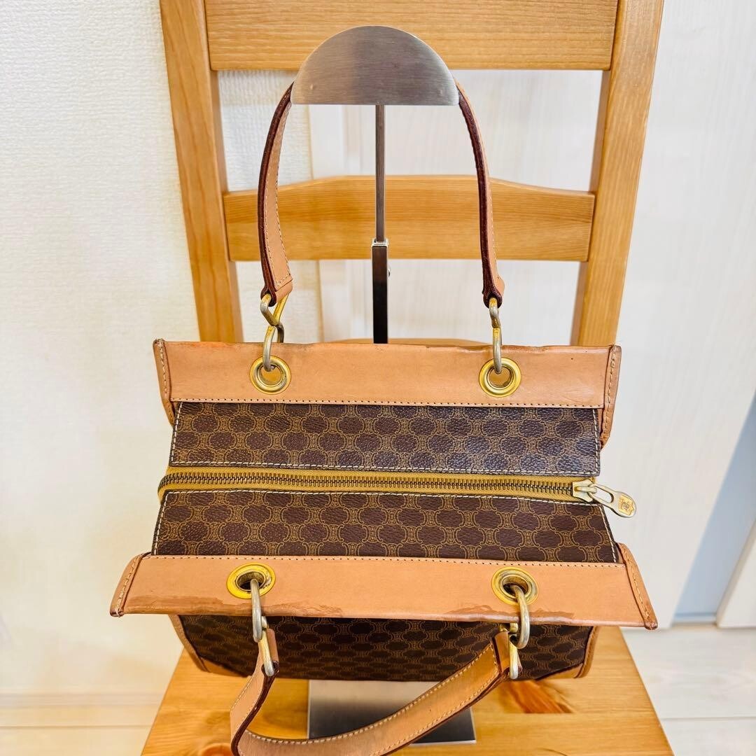 CELINE Macadam Vintage Brown Leather PVC Handbag Tote Gold Zip M13 25cm 21cm