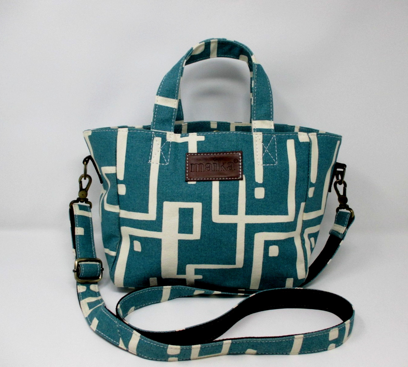 Maika Hand-Printed Canvas Teal Color Mini Tote Satchel Shoulder Handbag