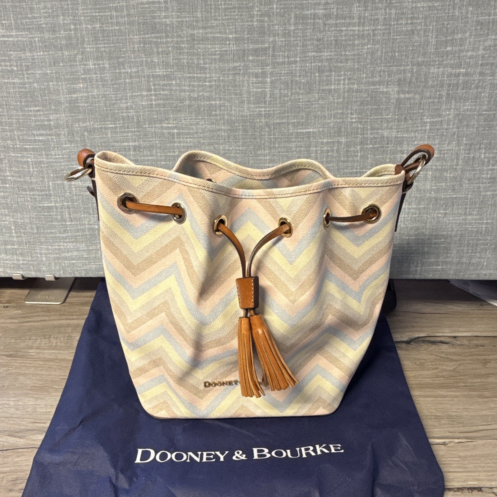Dooney & Bourke Chevron Bucket Drawstring Shoulder Bag Tassel Dust Bag