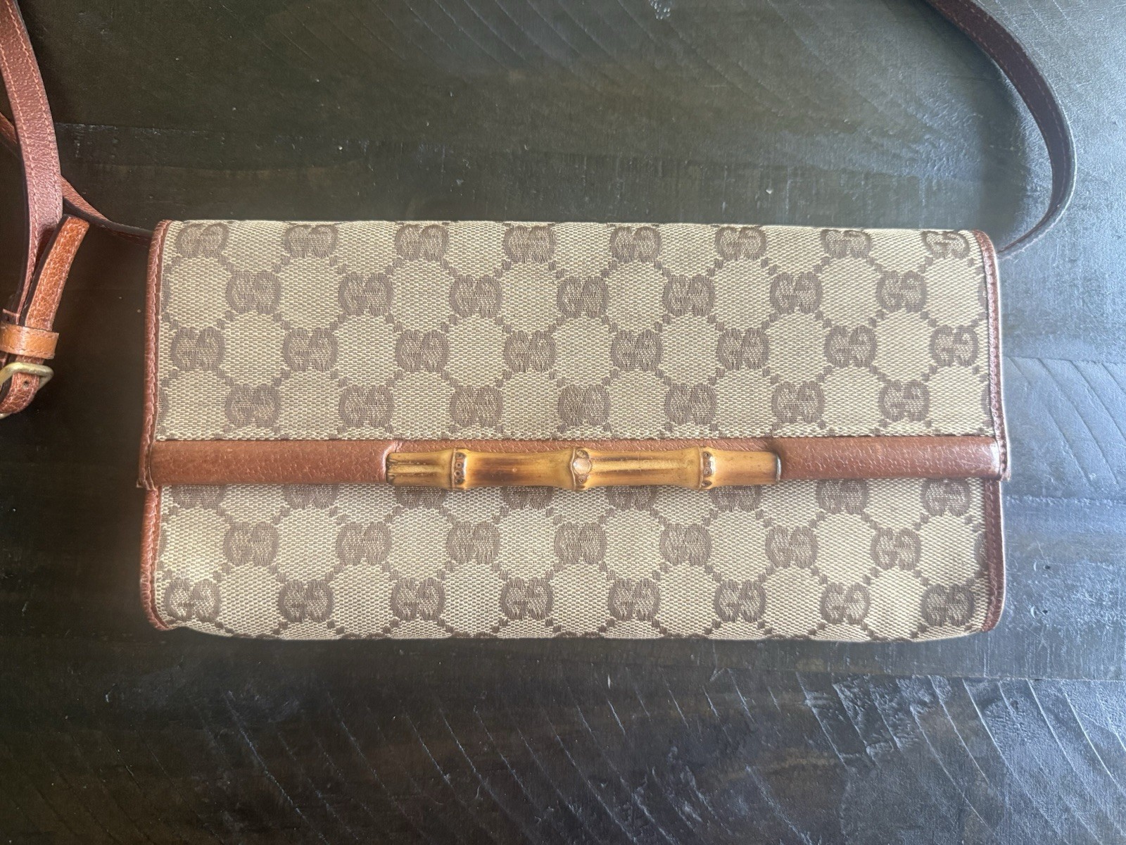 Gucci GG Crossbody Bag Beige/Brown Bamboo Accent Magnetic Closure Gold HW
