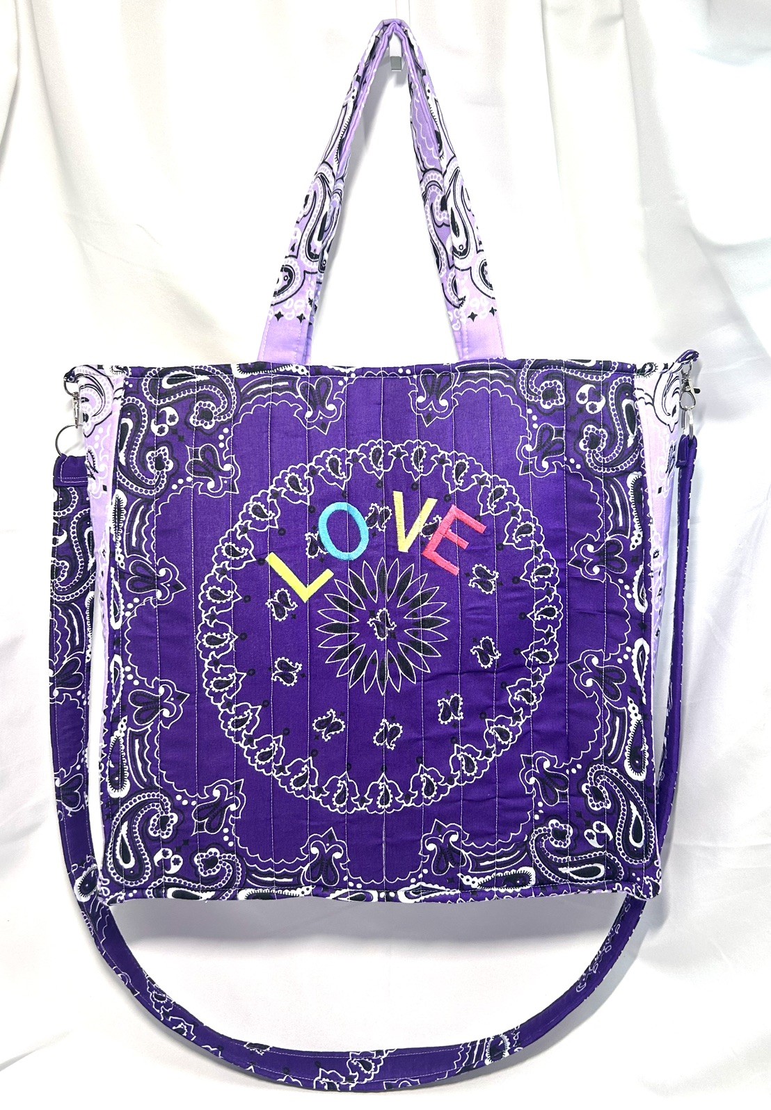 15.5×18” Quilted & Embroidered Purple & Lavender Bandana Bag Removable Straps