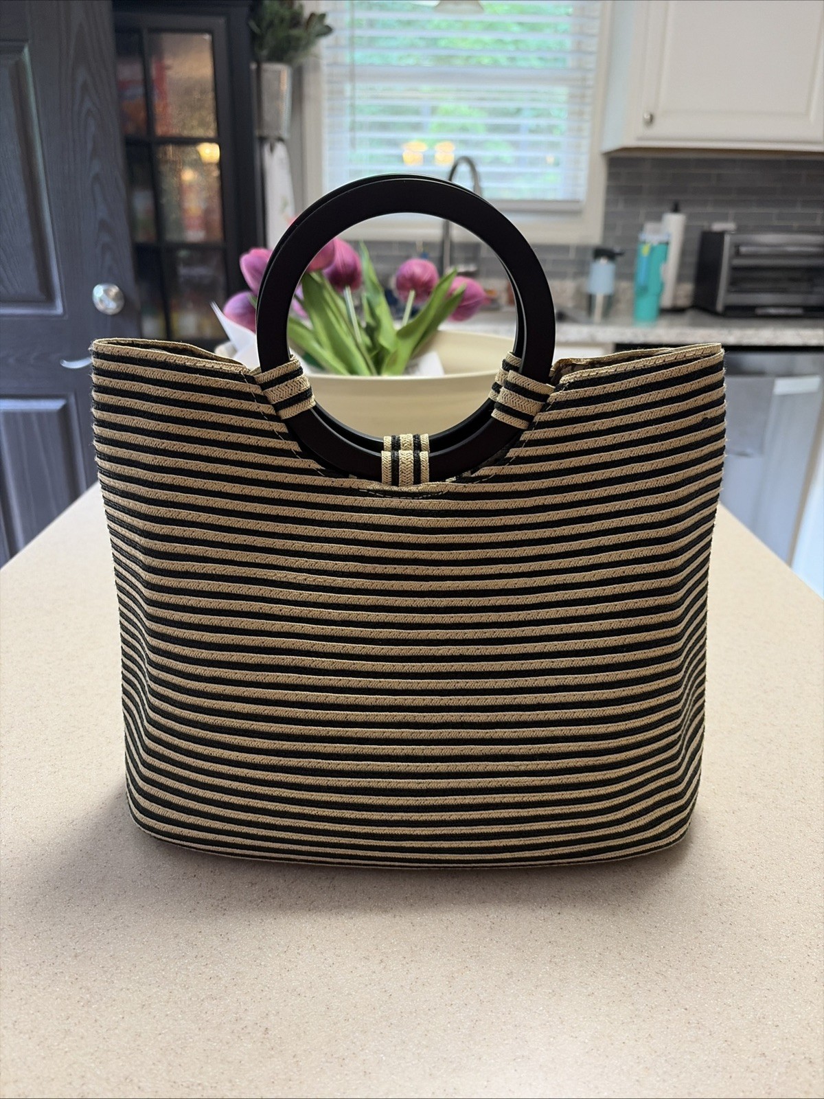 Woven Paper Straw Tote Bag Black Cream Stripe Top Handle Boho Summer Handbag