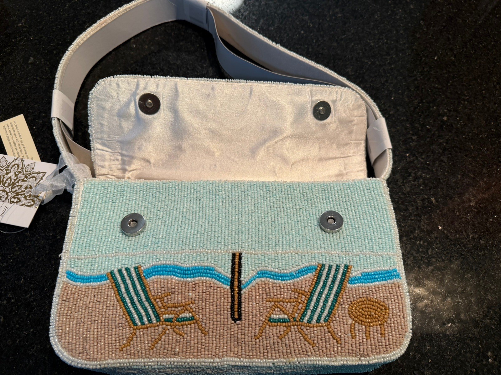 NWT Handmade India Beaded Viral, Beach umbrella Shoulder Bag, Blue,White,Tan