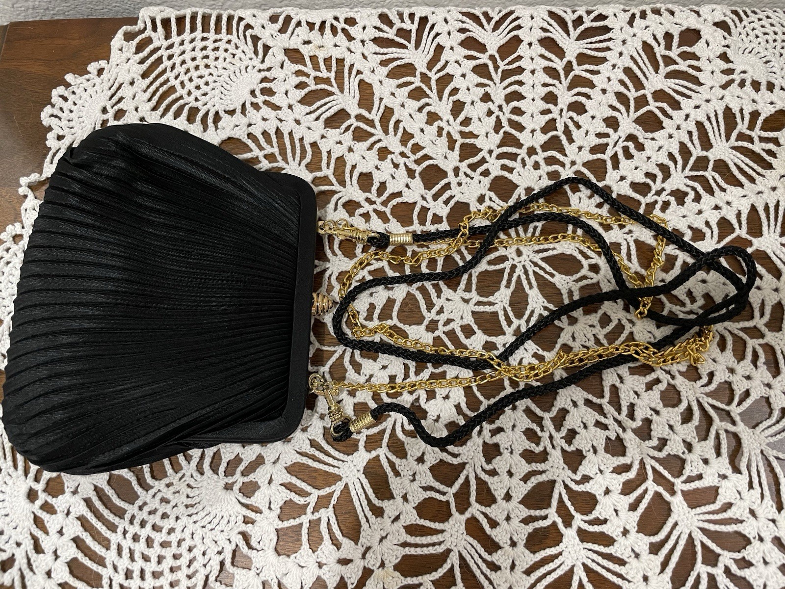 Small Black Satin Pleated Handbag 5 1/2 X 7 Inch Gold and Cord Shoulder Straps