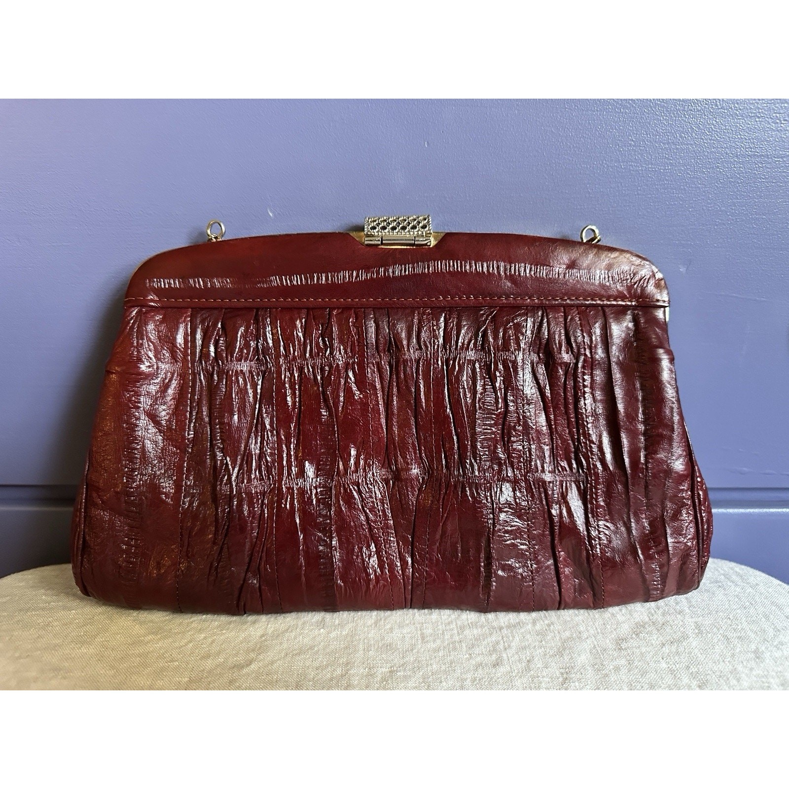 Vintage MiKwang Eel Skin Convertible Clutch, South Korea, Red, Chain Handle