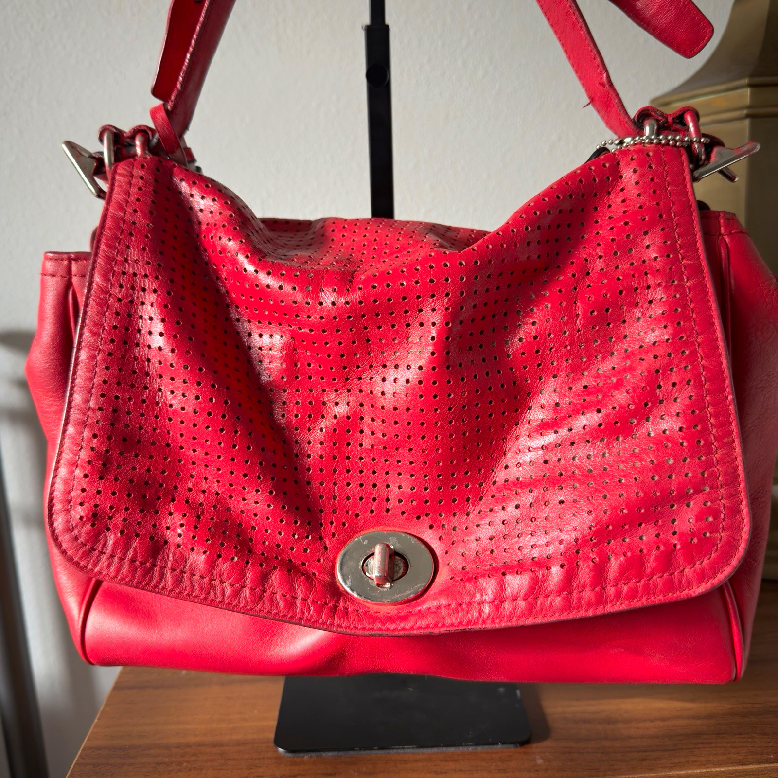 Coach Pink Perforated Shoulder Bag Turn Lock Zip Pockets Adjustable Strap Silver