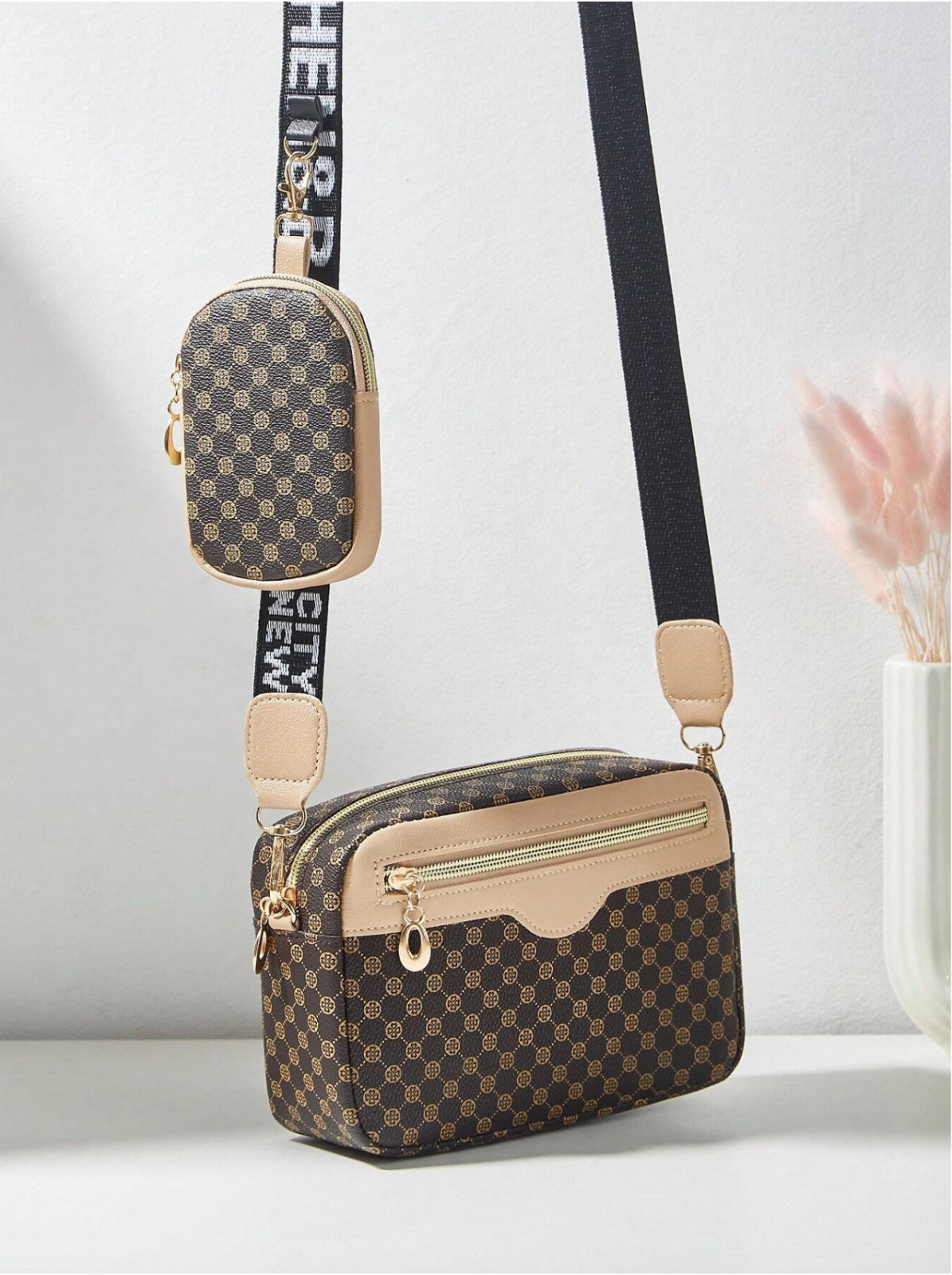 Coffee Brown Printed Contrast Color Shoulder Messenger Tote Bag Set