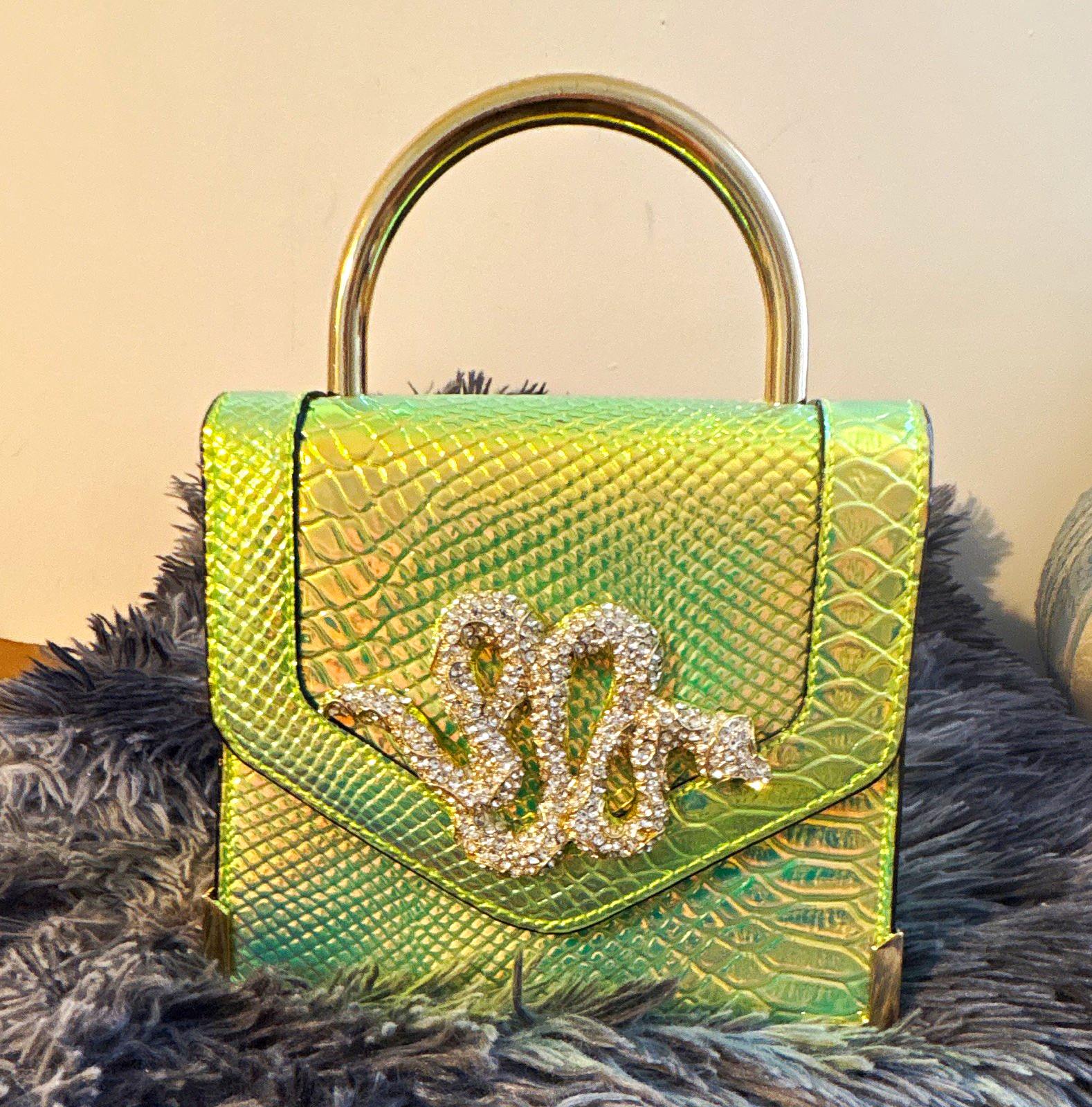Metallic Green/Gold Snake Animal Print Top Handle Satchel w/ Rhinestone Snake