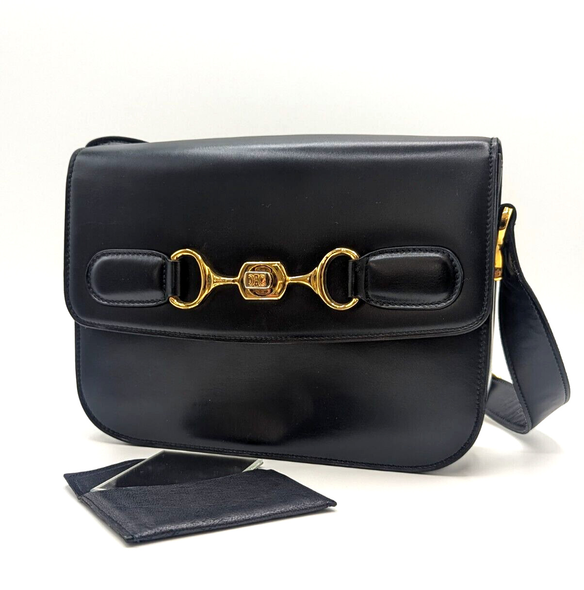 “RARE” CELINE Shoulder Bag Triomphe Horse bit Leather Black Gold Hardware #255