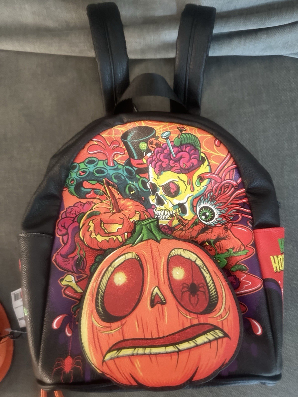 Halloween Pumpkin Skull Graphic Print Mini Backpack, Lined Zip, Wristlet