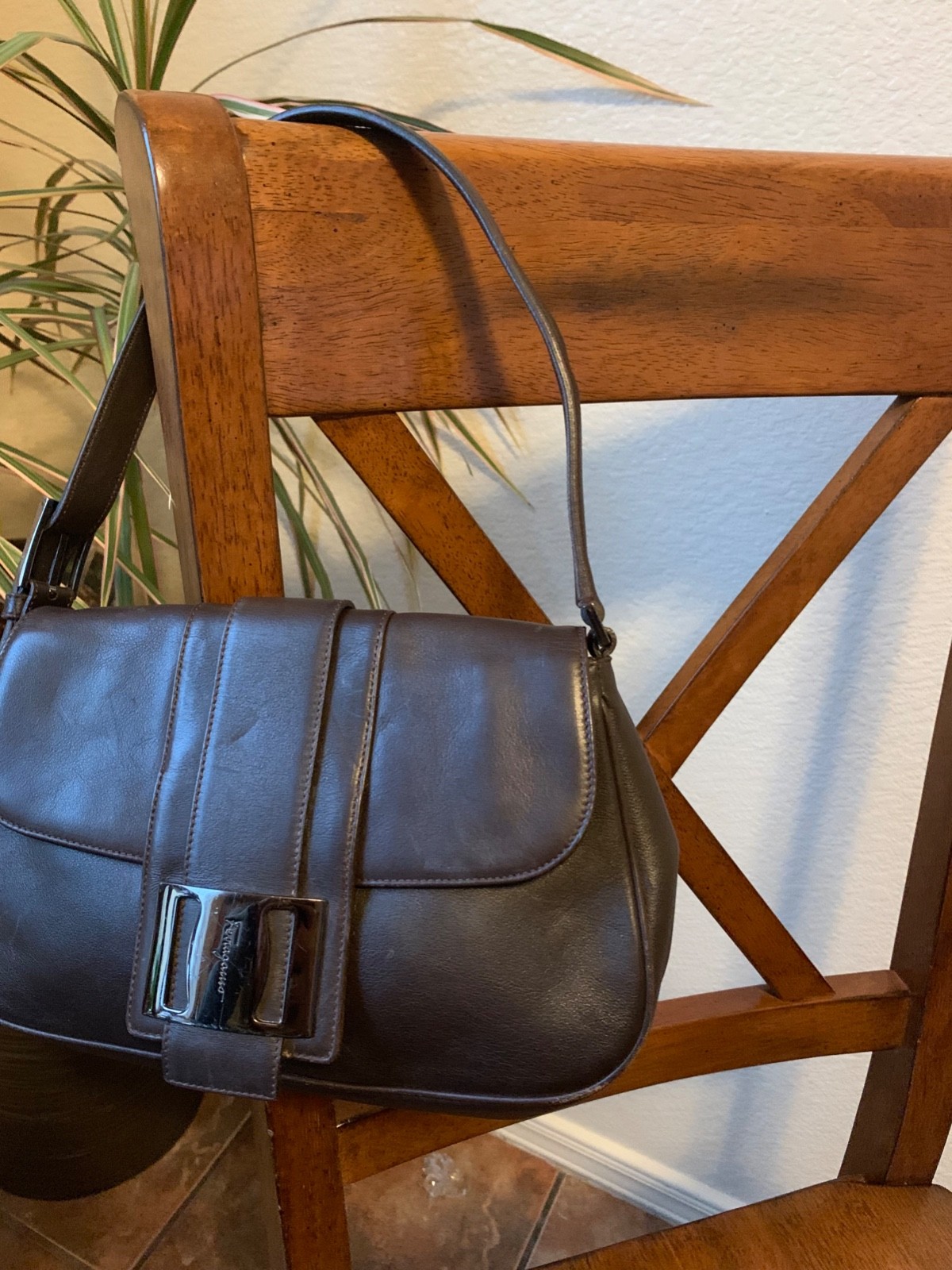 Salvatore Ferragamo Brown Leather Medium Gancini Shoulder Bag