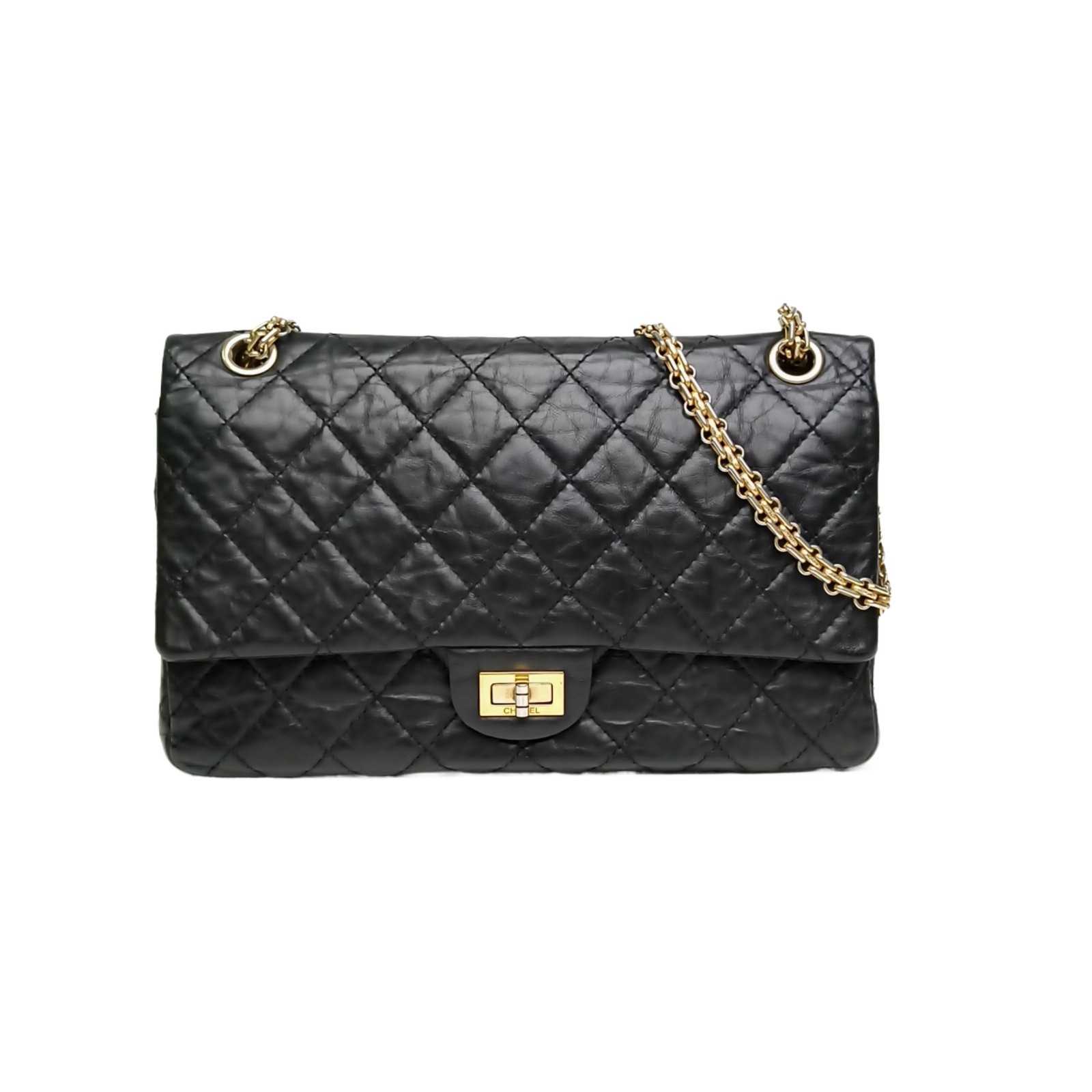 CHANEL 2.55 Flap Bag Large Size 28cm Black Calfskin Shoulder Bag