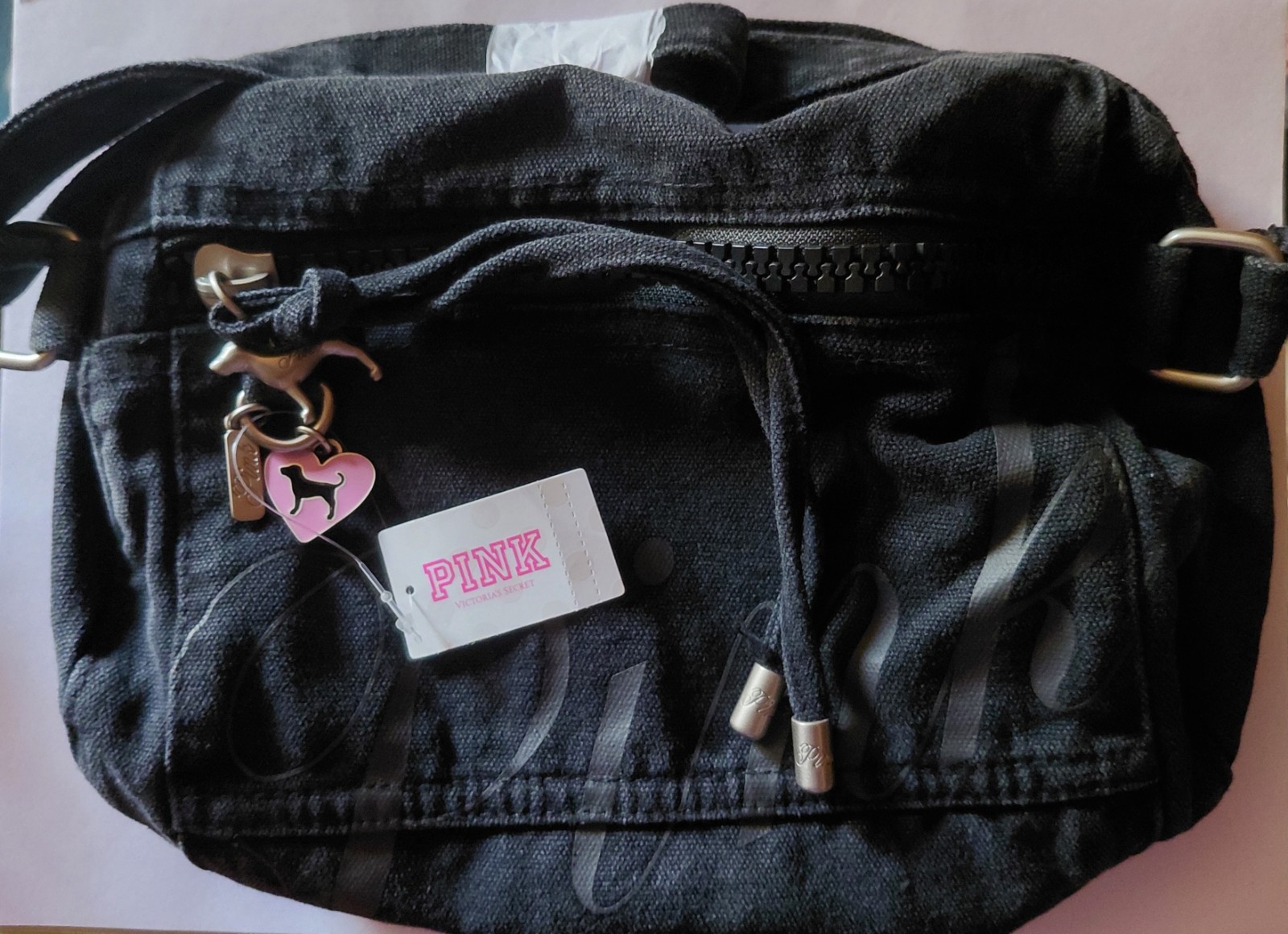 New VS Pink Black Canvas Rolled Mini Duffle Shoulder Bag Crossbody Viral