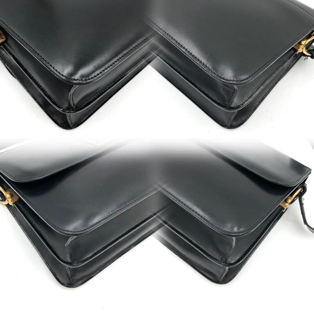 CELINE Macadam Navy Shoulder Bag PVC Leather Turn Lock Women Vintage 19cm 26cm