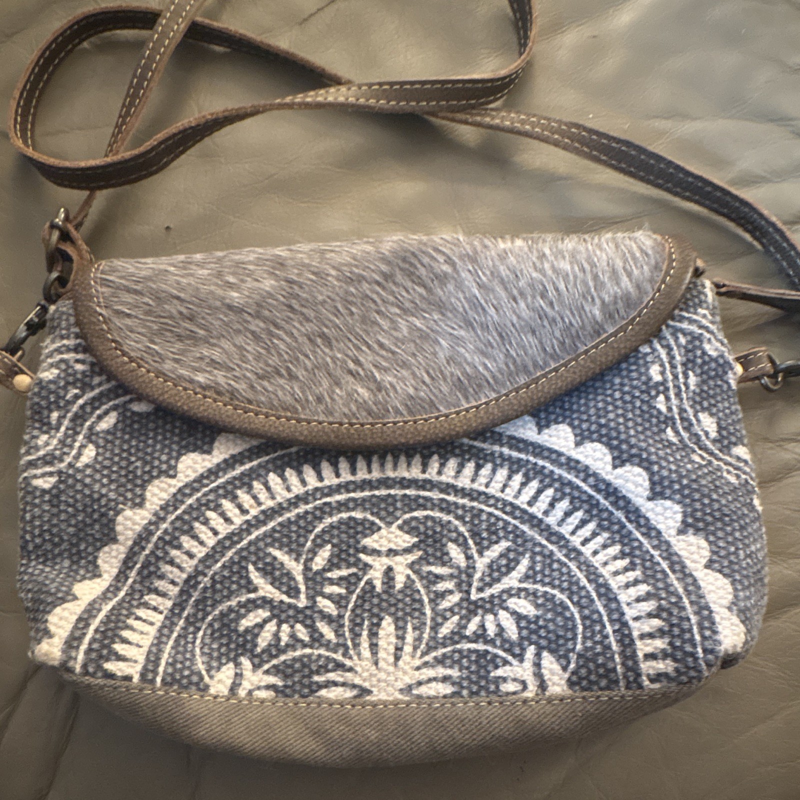 Myra Bag Blue/Gray Floral Crossbody Purse Zip Small Lined Pockets Strap