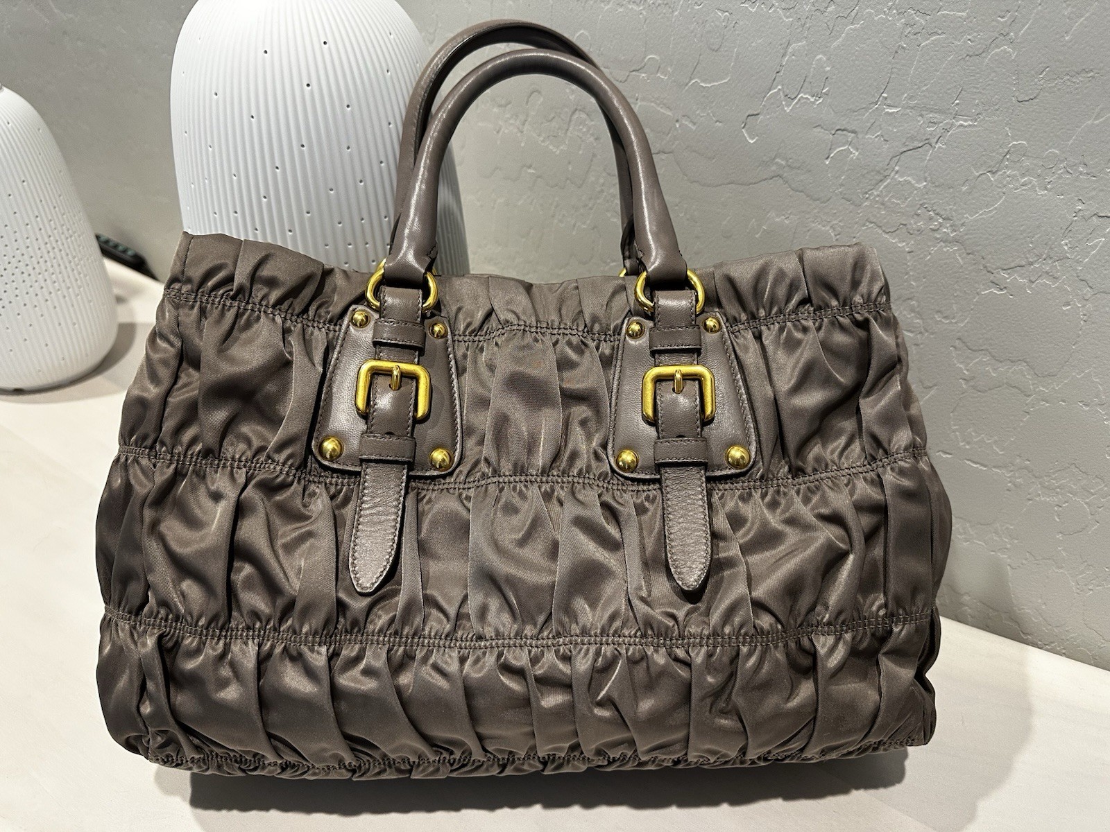 PRADA Gray Ruched Satchel Top Handle Bag w/ Detachable Strap Gold Hardware
