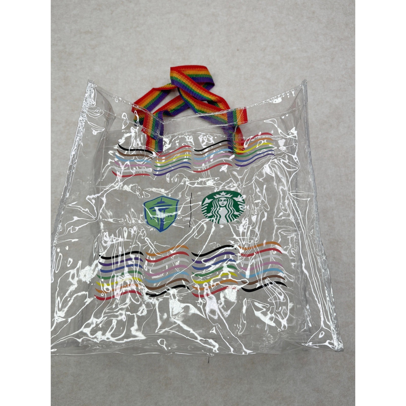 Starbucks Rainbow Clear Tote Bag Handles Limited Edition 12 x 12 x 6