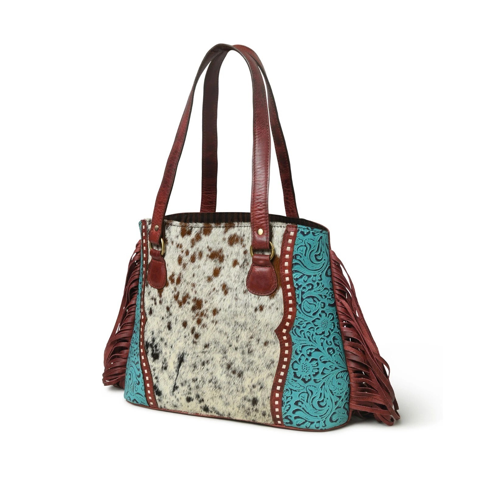 Western Cowhide Leather Tote Bag Turquoise Tooled Leather Fringe Shoulder Purse