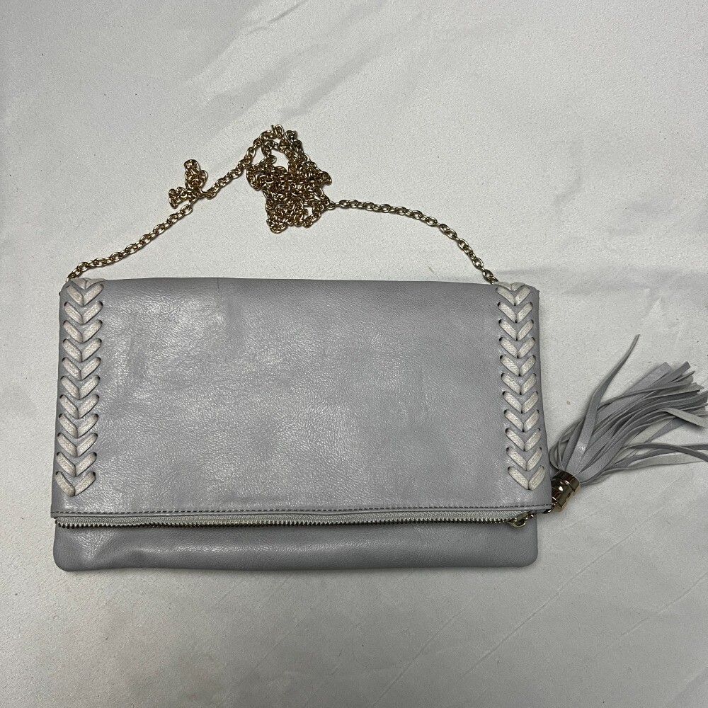BAM Forever Crossbody Clutch Tassel Gold Chain Strap Gray Woven Trim Classy