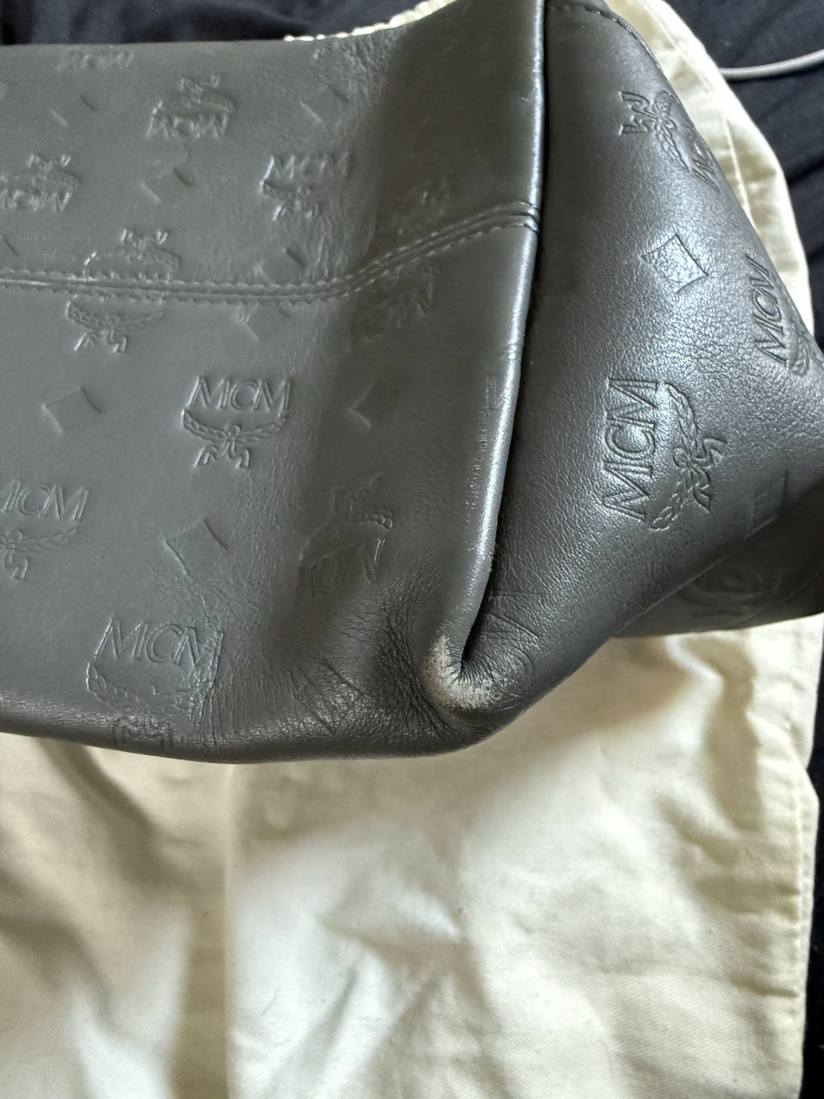 MCM Gray Logo Embossed Shoulder Bag Zip Closure Inner Pockets w/ Dust Bag