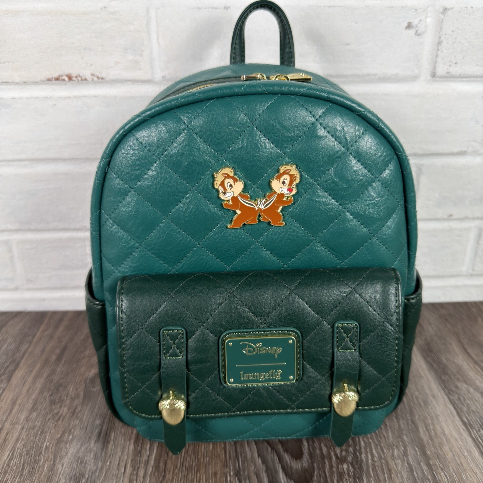 Loungefly Disney Chip and Dale Dark Green Quilted Mini Backpack Acorns NWT