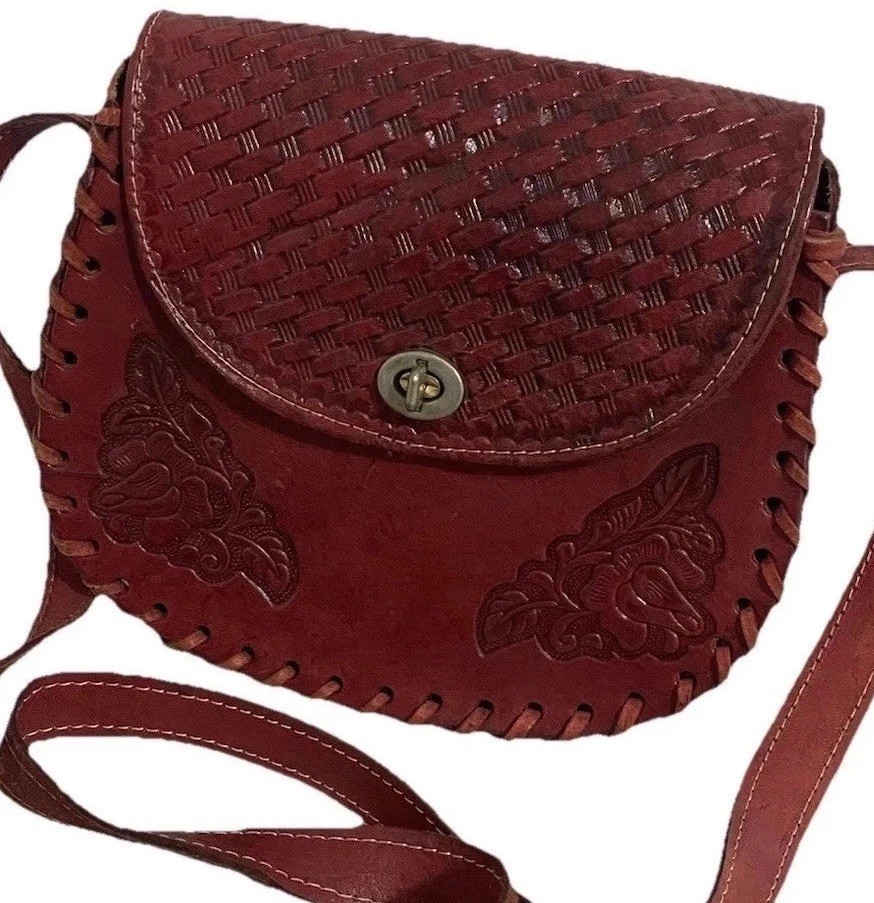 Vintage Genuine Leather Shoulder Bag Purse Floral Embossed Artisan Made