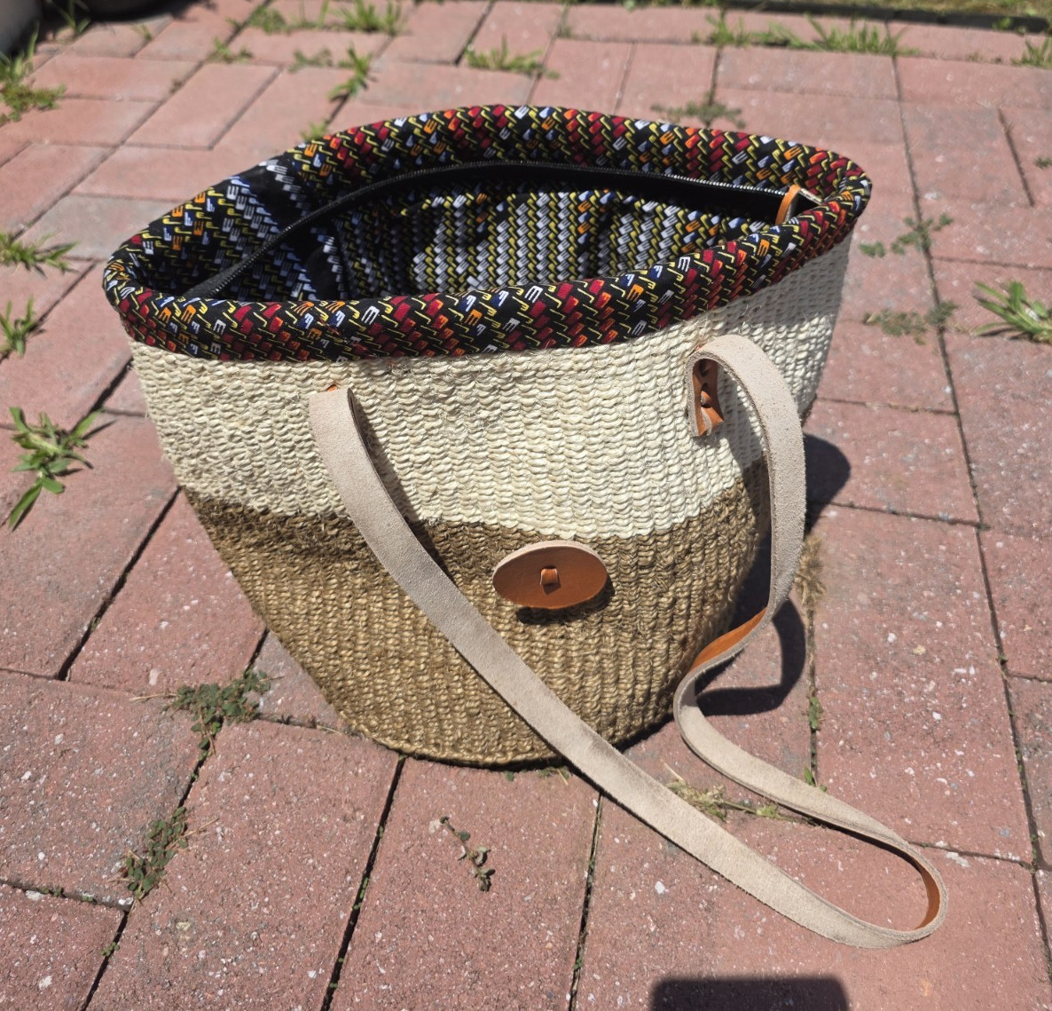 Women’s Woven Tote Bag Beige/Brown with Brown Leather Double Handles