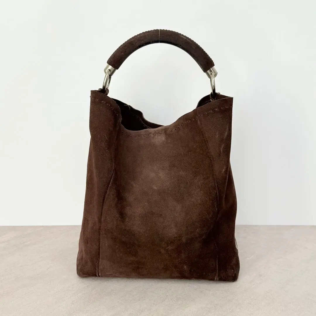 PRADA Scamosciato Met BR1943 Suede Hobo Tote Bag Dark Brown Triangle Logo GC