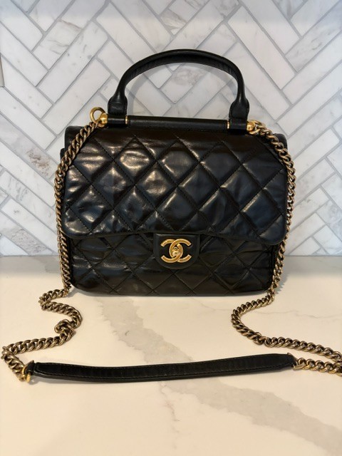 CHANEL Glazed Calfskin Quilted Medium Gold Bar Top Handle Flap Black