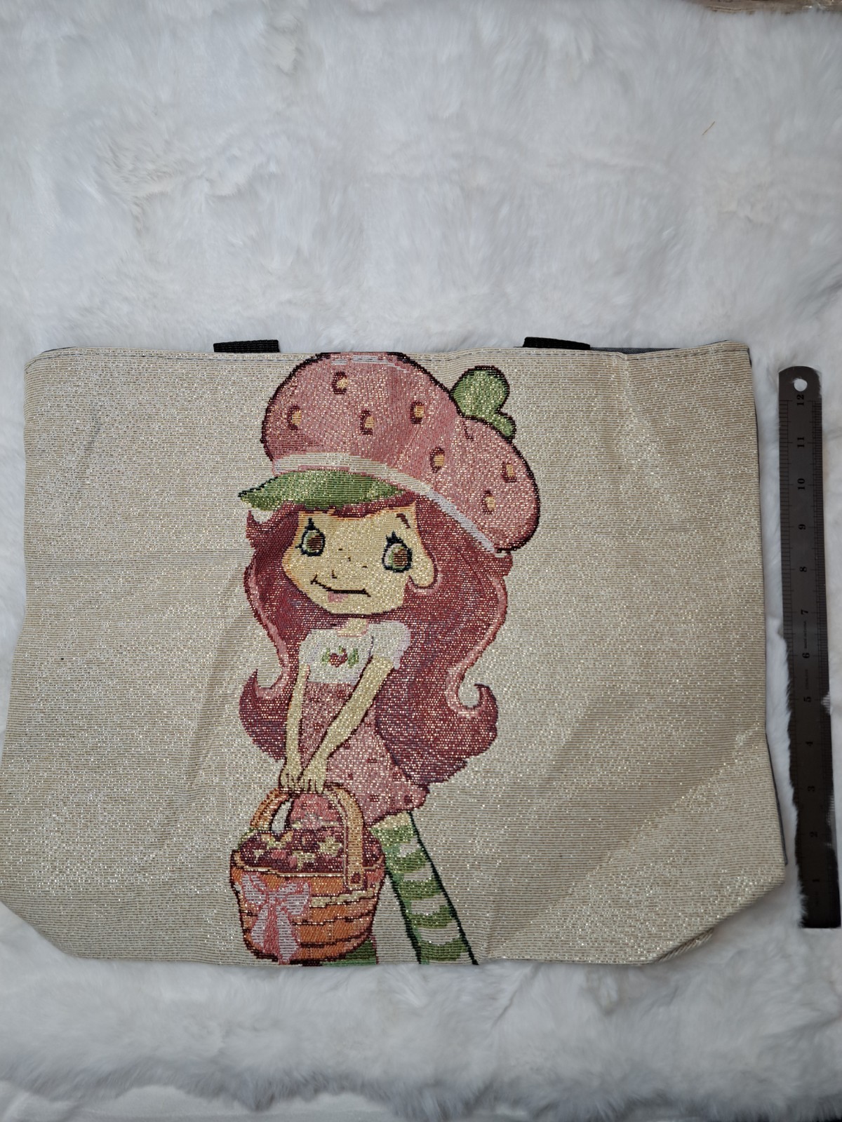 New Strawberry Shortcake Large Tote Bag, Zip Closure, Spring Summer, Canvas