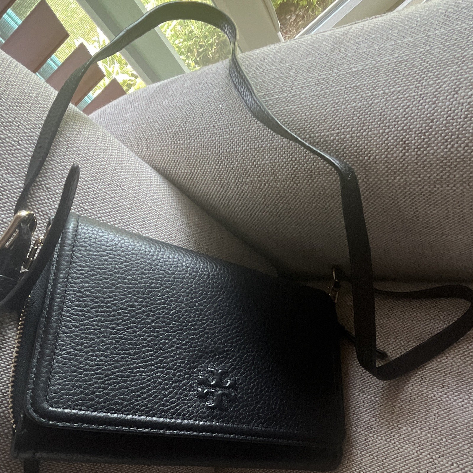 Tory Burch Black Pebbled Crossbody Bag Small w/ Logo Accent, Snap, Strap
