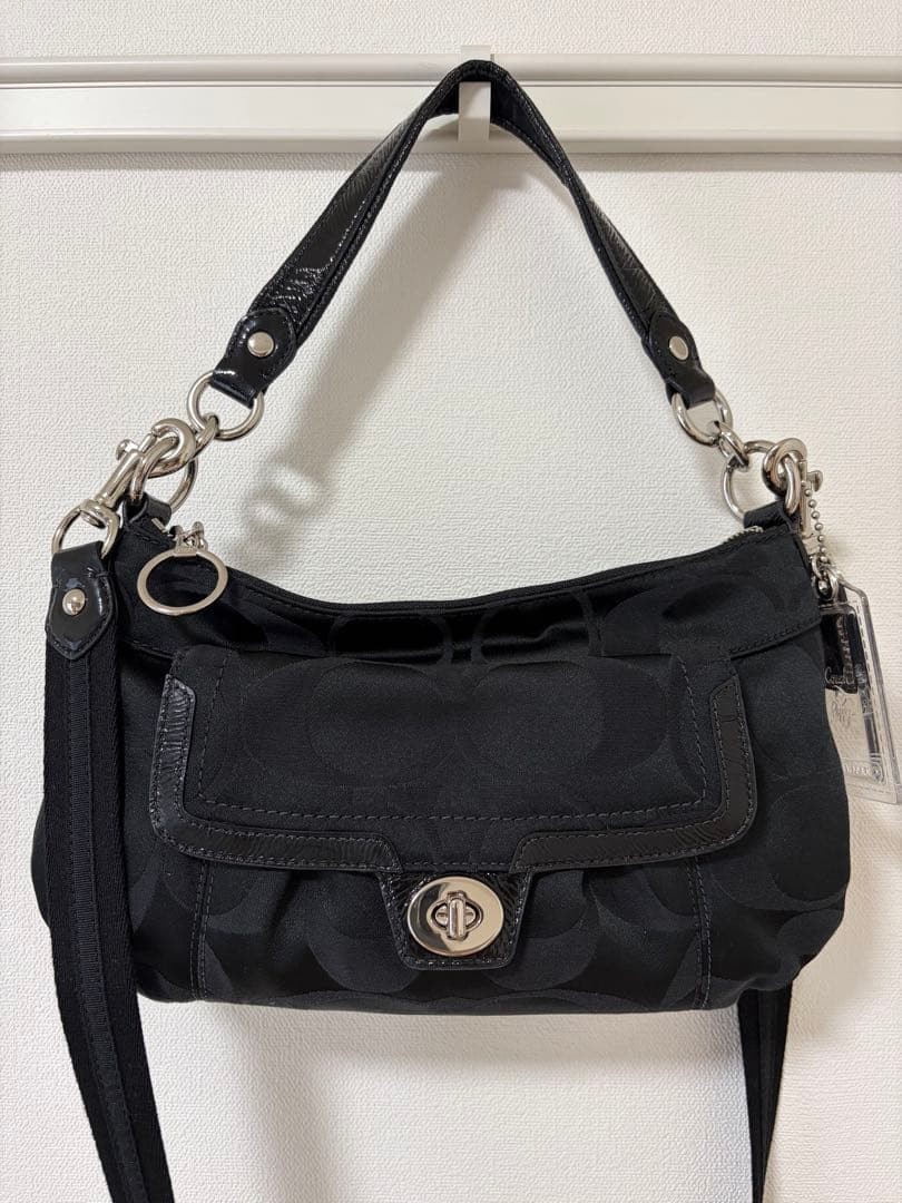 Coach Signature Canvas 2-Way Shoulder Bag Black 11.4 x 7.1 x 2.4 inches Used