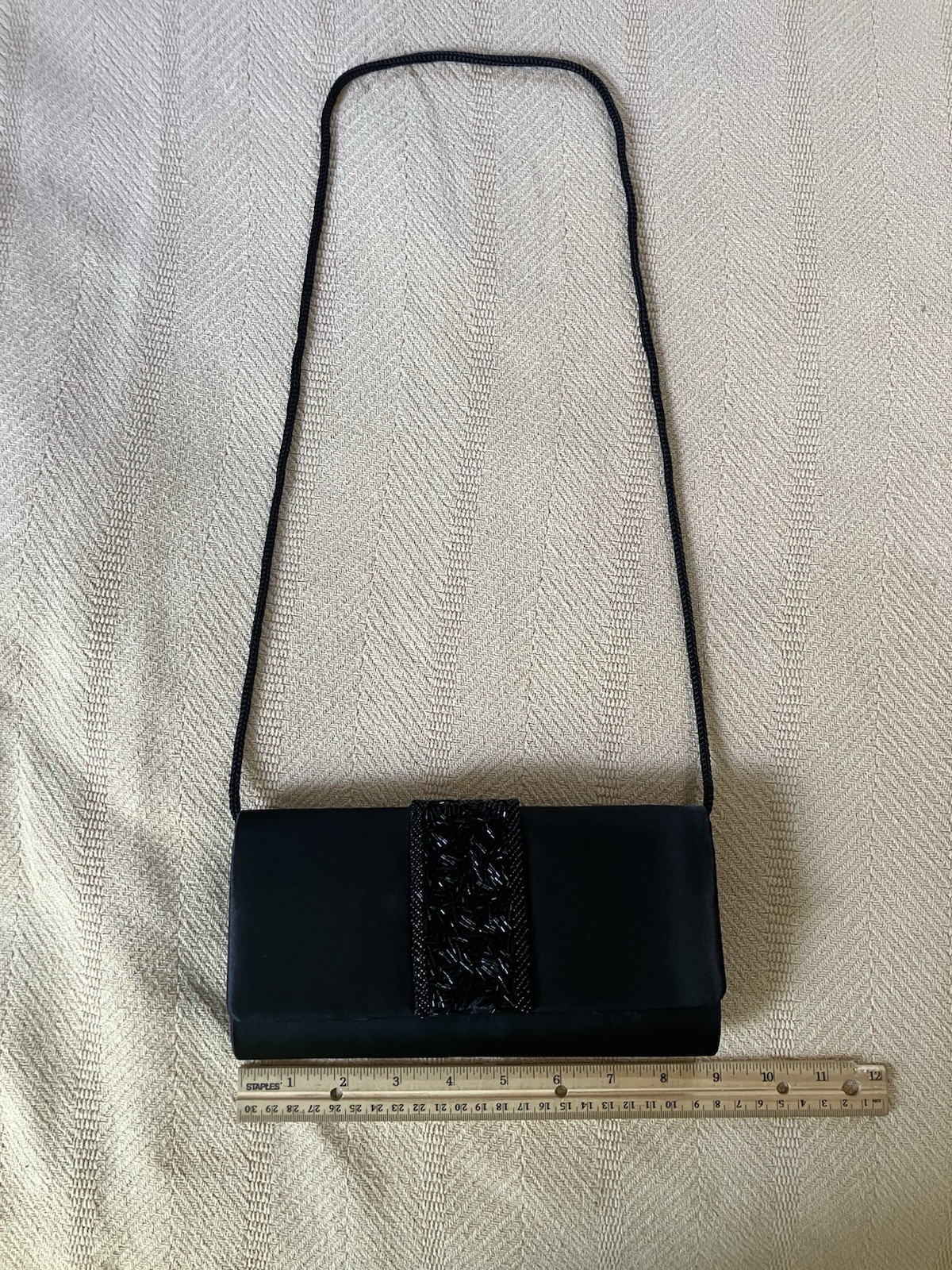 Black Beaded Formal Shoulder Bag Clutch w/ Strap Magnetic Closure Lined
